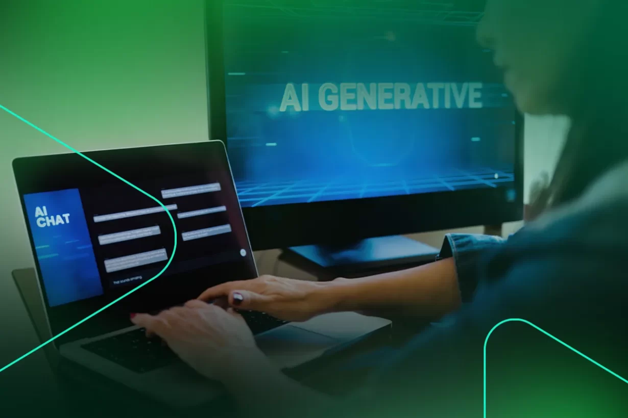 Pessoa usando laptop com tela sobre AI generativa
