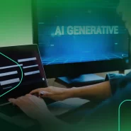 Pessoa usando laptop com tela sobre AI generativa
