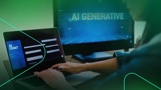 Pessoa usando laptop com tela sobre AI generativa