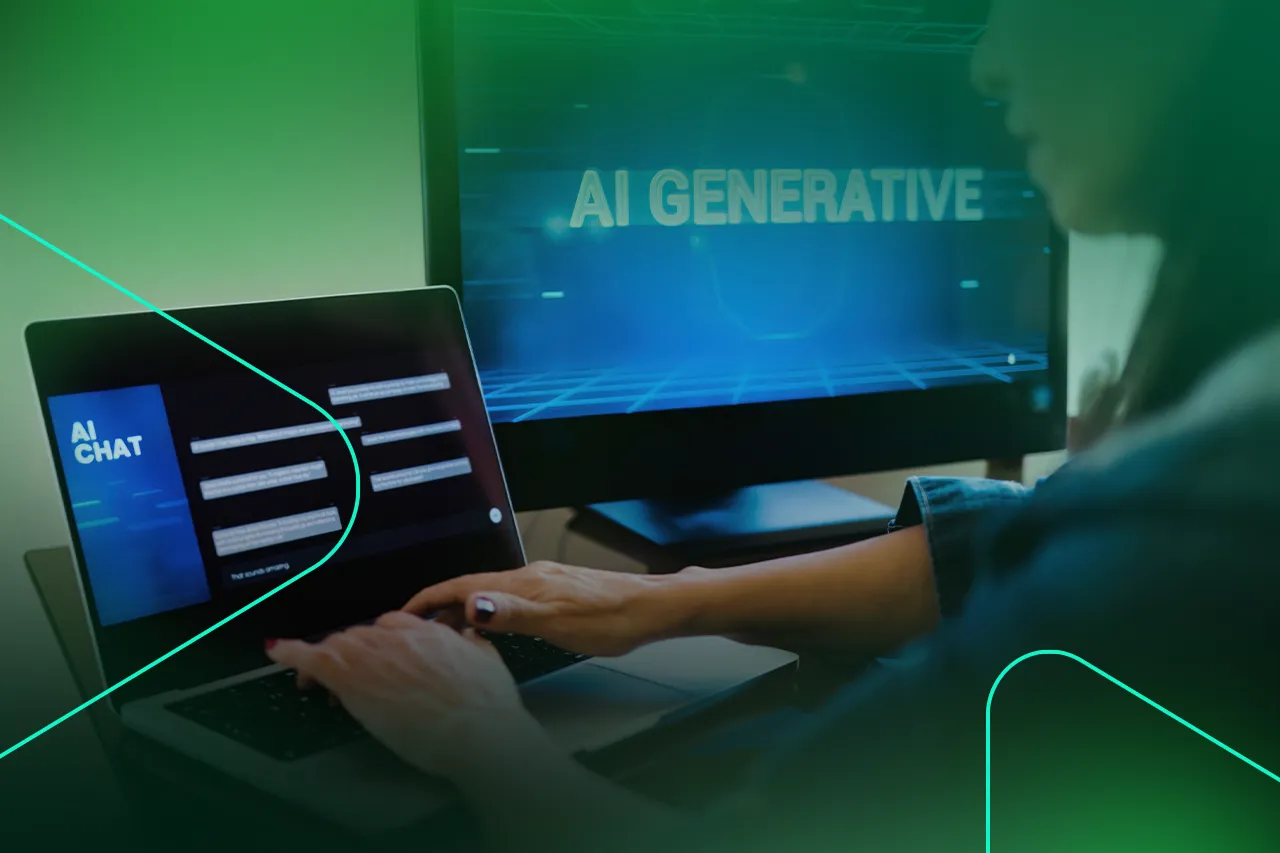 Pessoa usando laptop com tela sobre AI generativa