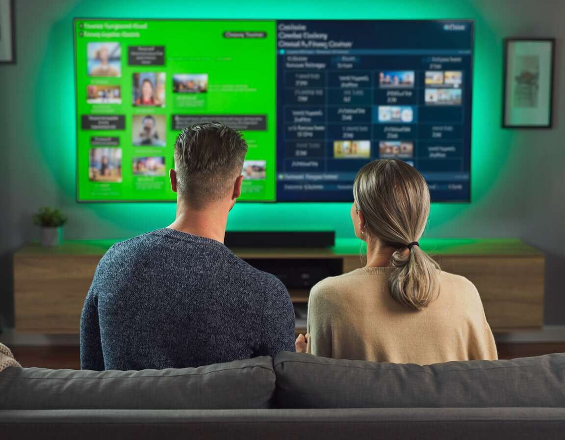 Casal assistindo televisão em ambiente moderno.