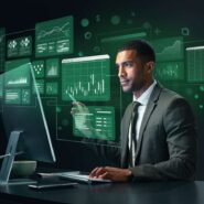 Homem analisando dados em computador moderno.