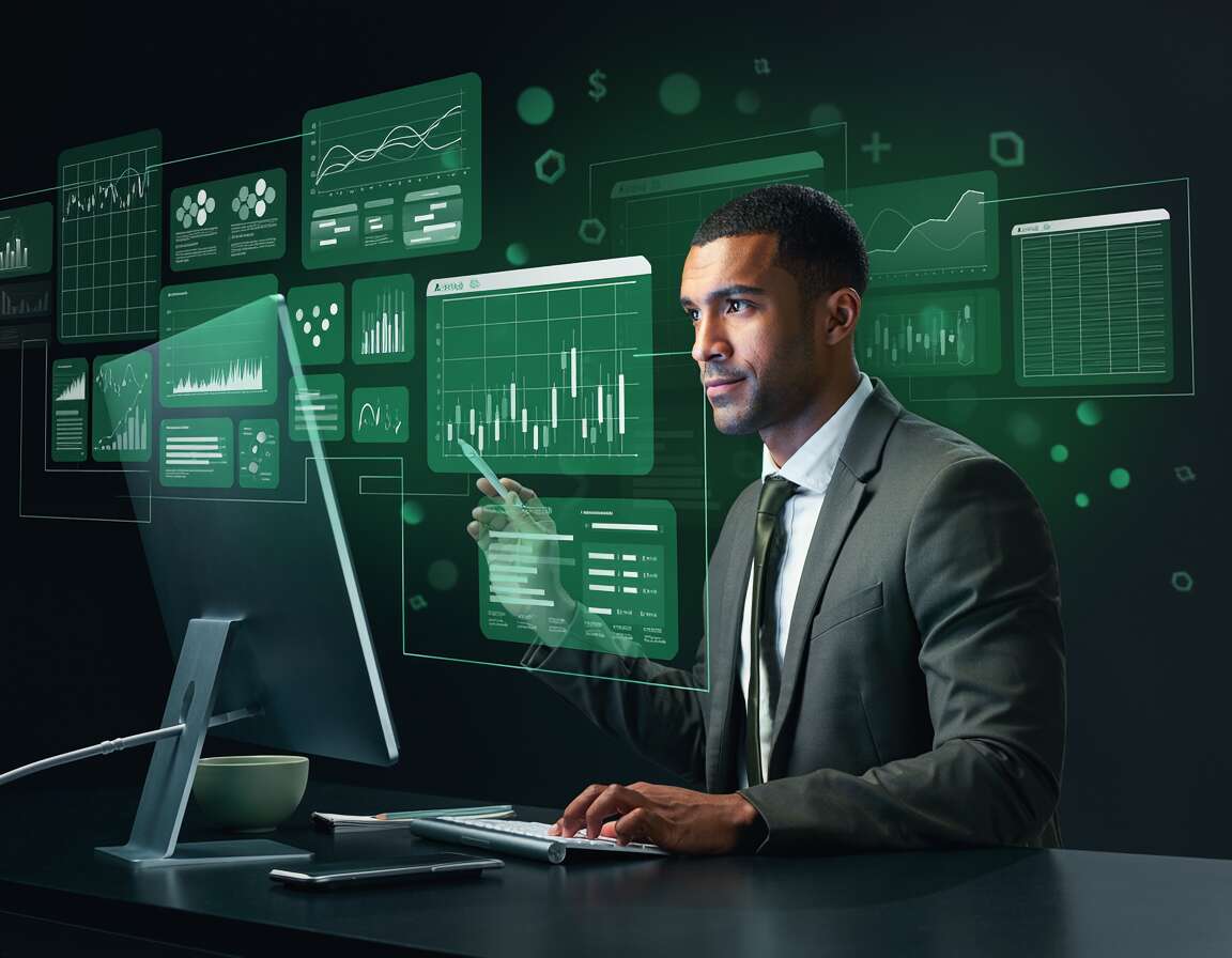 Homem analisando dados em computador moderno.