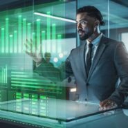 Homem de negócios interagindo com gráficos digitais.