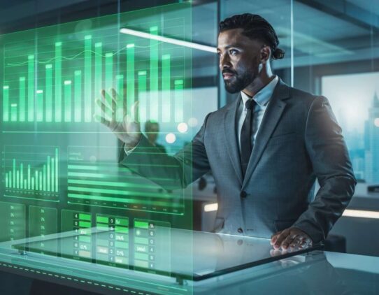 Homem de negócios interagindo com gráficos digitais.