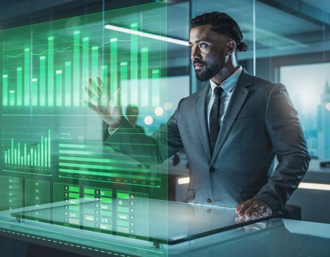 Homem de negócios interagindo com gráficos digitais.