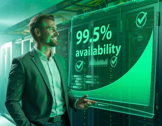 Homem sorrindo com gráfico de 99,5% de disponibilidade.