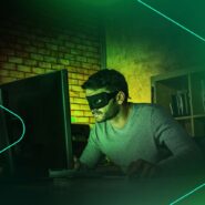 Homem com máscara usando computador em ambiente escuro.