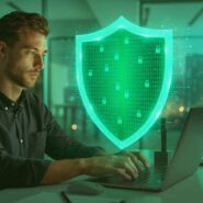 Homem trabalhando com segurança digital em ambiente de escritório.