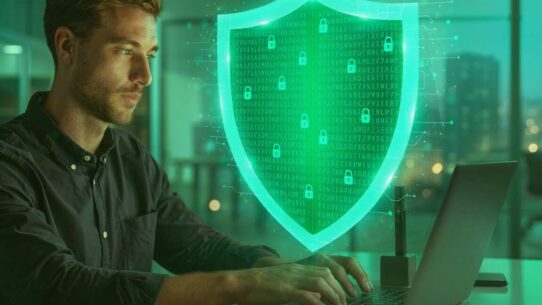 Homem trabalhando com segurança digital em ambiente de escritório.