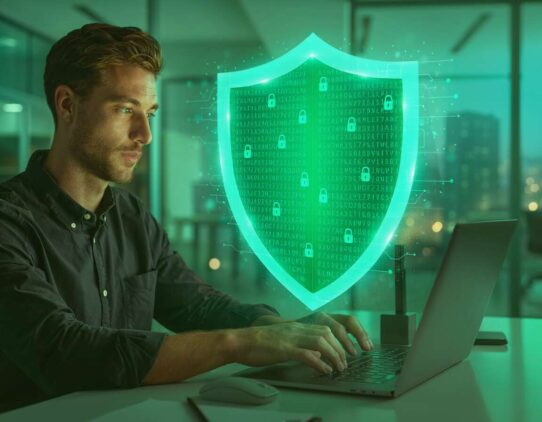 Homem trabalhando com segurança digital em ambiente de escritório.