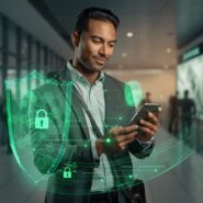 Homem usando smartphone com ícones de segurança digital