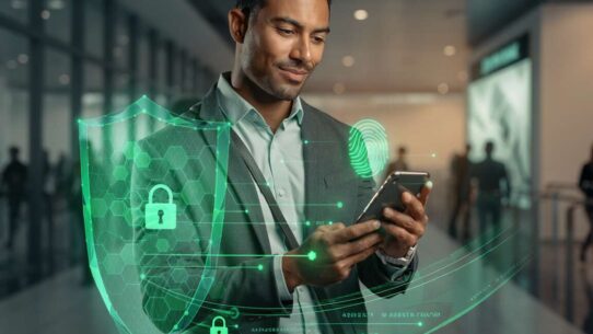 Homem usando smartphone com ícones de segurança digital