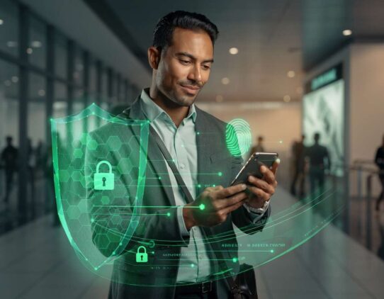 Homem usando smartphone com ícones de segurança digital