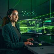 Mulher em ambiente tecnológico analisando dados em telas