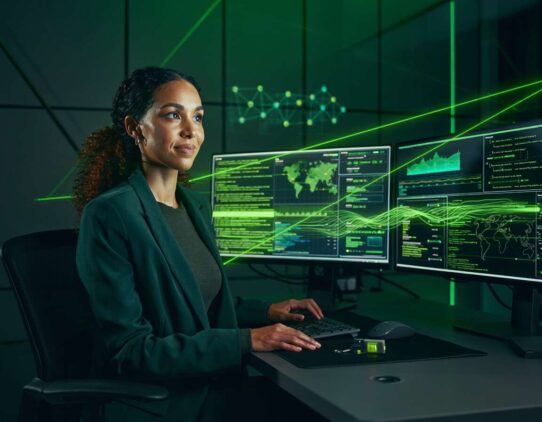 Mulher em ambiente tecnológico analisando dados em telas