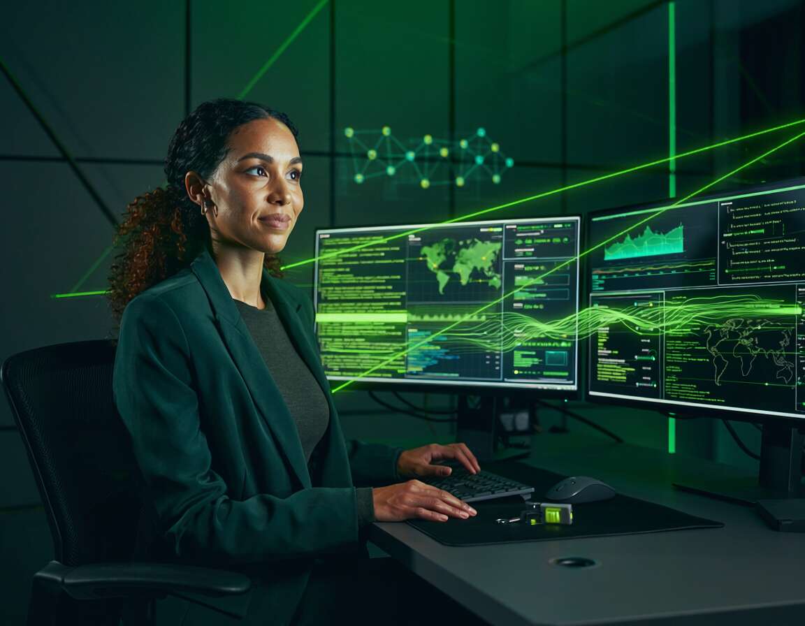 Mulher em ambiente tecnológico analisando dados em telas