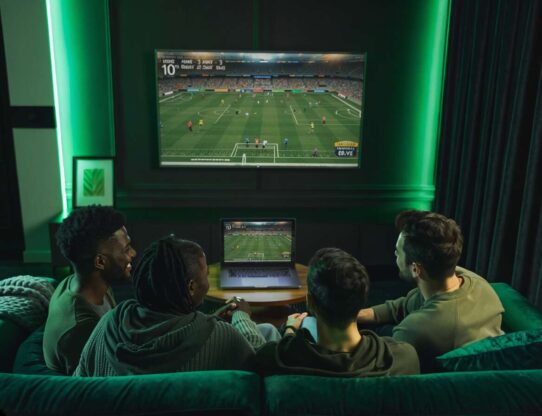 Grupo assistindo futebol em casa com laptop e TV.