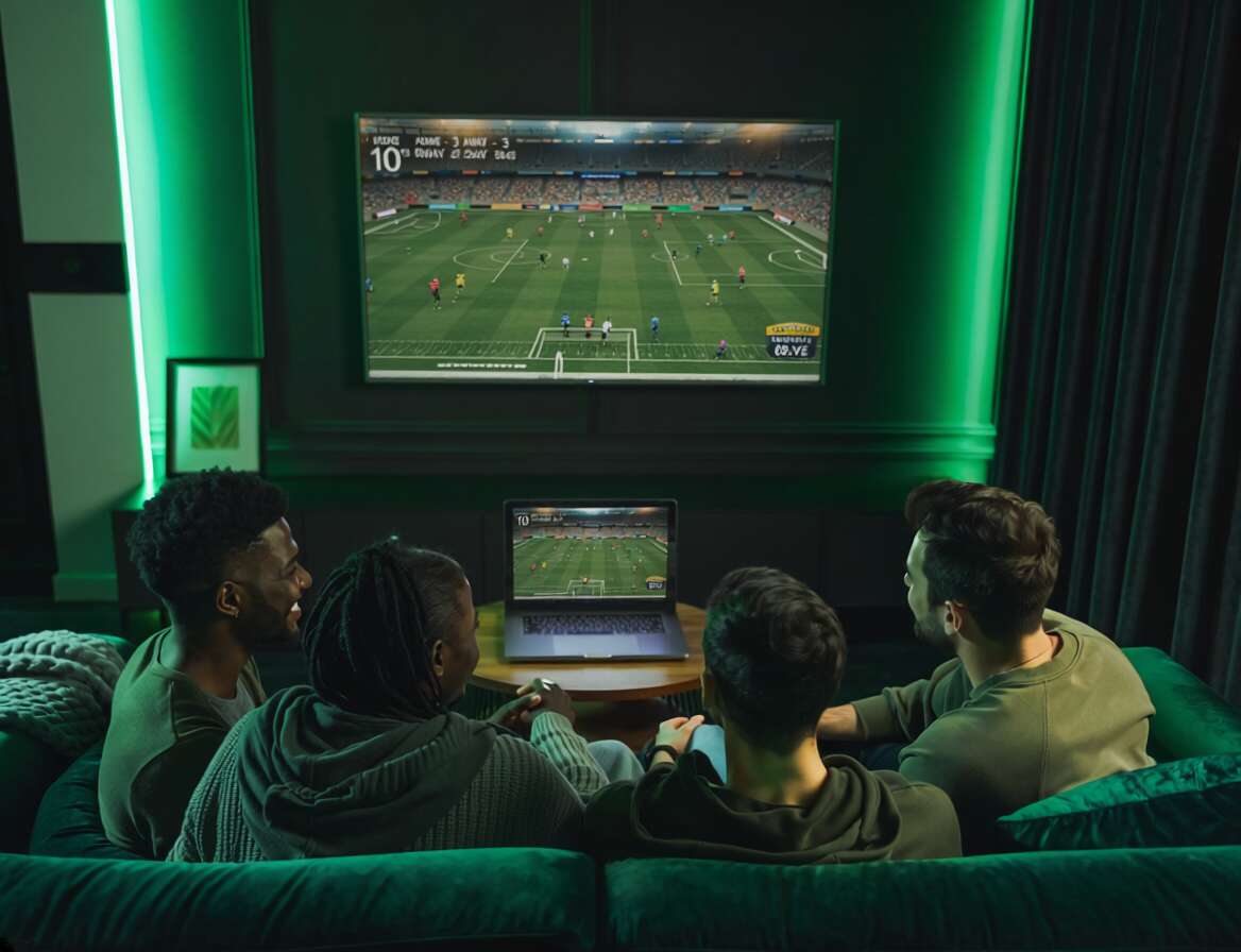 Grupo assistindo futebol em casa com laptop e TV.
