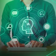 Homem interagindo com ícones de inteligência artificial