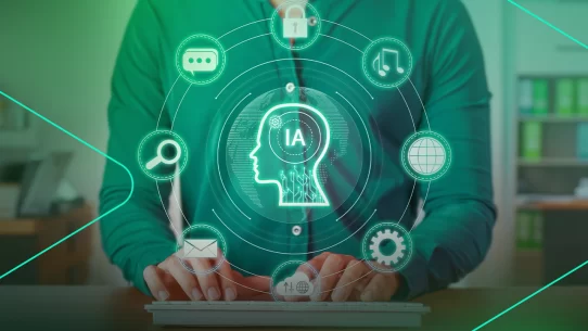 Homem interagindo com ícones de inteligência artificial