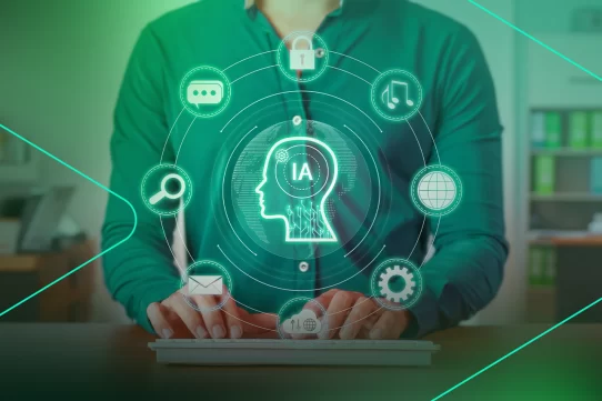 Homem interagindo com ícones de inteligência artificial
