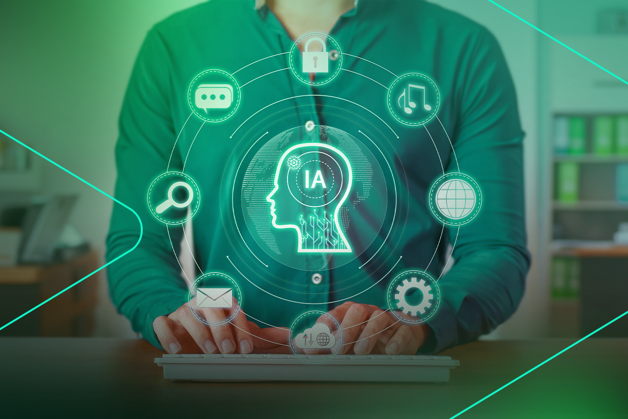 Homem interagindo com ícones de inteligência artificial