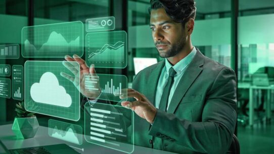 Homem de negócios interagindo com gráficos digitais