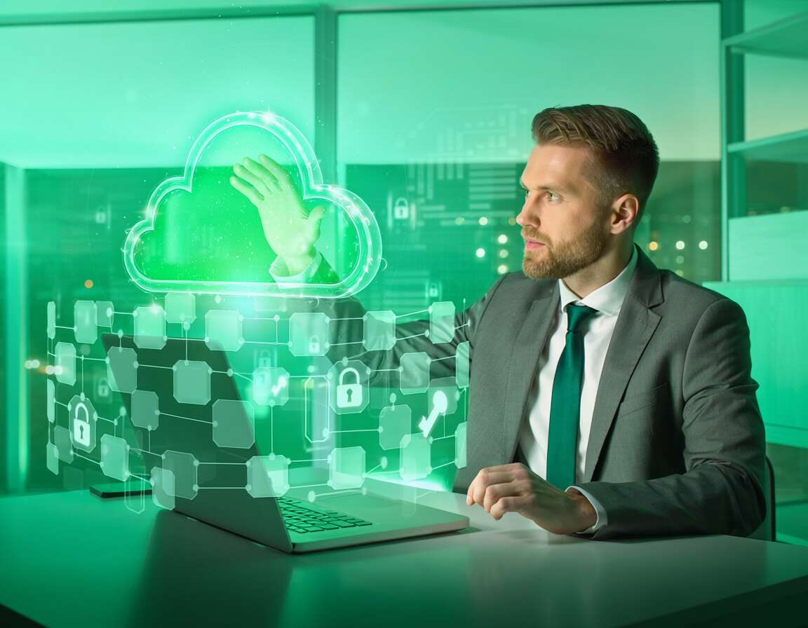 Homem em terno interagindo com nuvem digital.