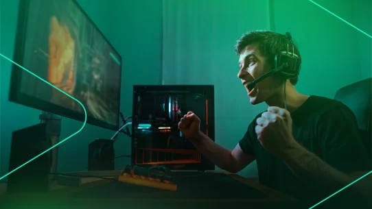 Jogador emocionado em ação em game competitivo