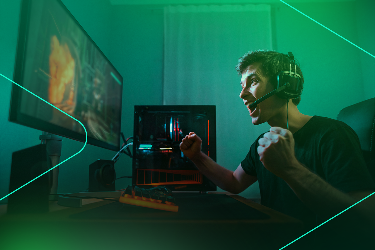 Jogador emocionado em ação em game competitivo