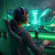 Jogadora usando fone em frente a monitor de jogos