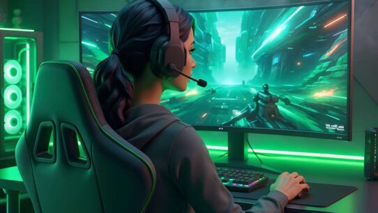 Jogadora usando fone em frente a monitor de jogos