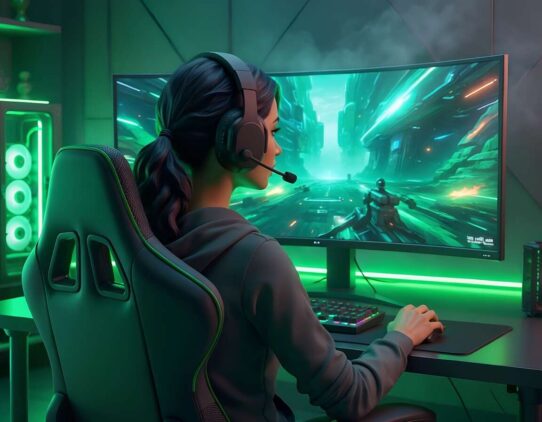 Jogadora usando fone em frente a monitor de jogos