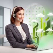 Mulher com headset trabalhando em computador moderno.
