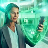 Mulher usando smartphone com ícones de segurança digital.