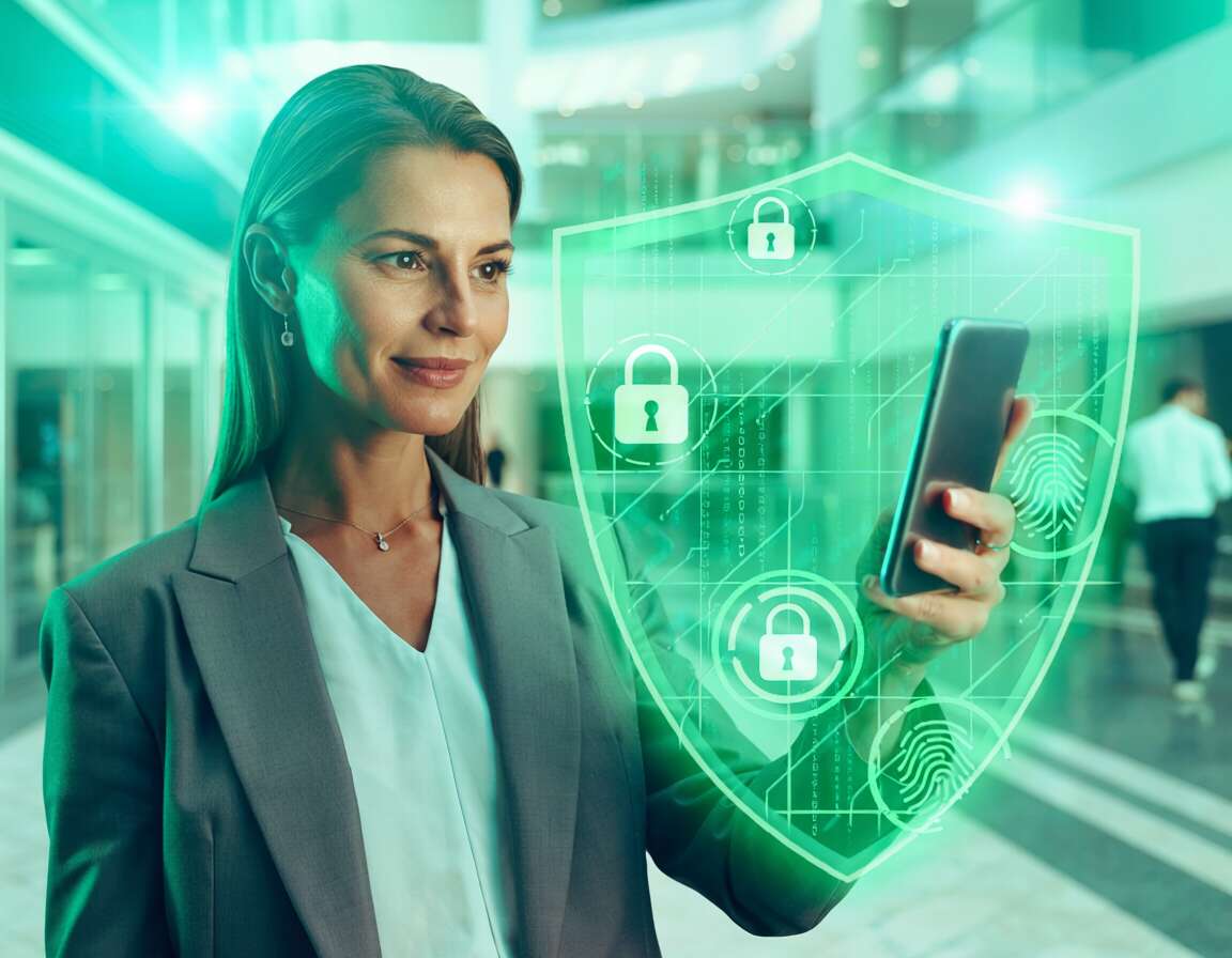 Mulher usando smartphone com ícones de segurança digital.