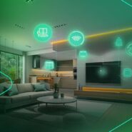 Sala moderna com ícones de automação inteligente