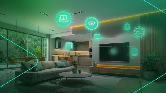 Sala moderna com ícones de automação inteligente
