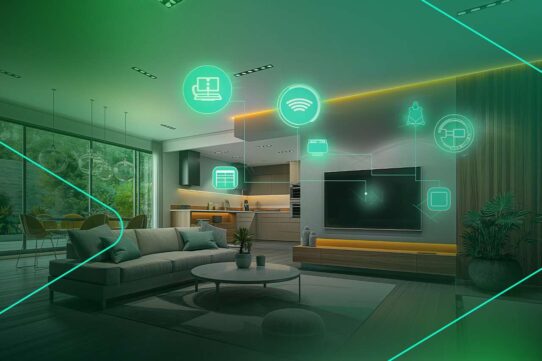 Sala moderna com ícones de automação inteligente