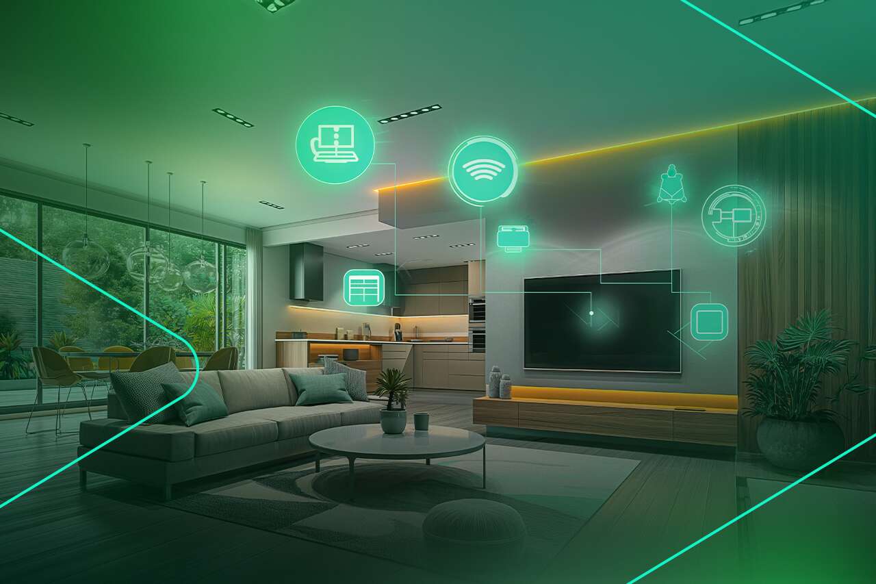 Sala moderna com ícones de automação inteligente