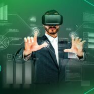 Homem usando óculos de realidade virtual com gráficos