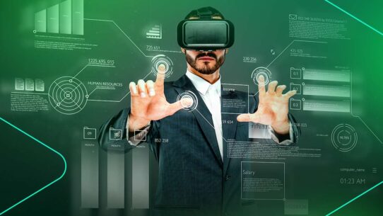 Homem usando óculos de realidade virtual com gráficos