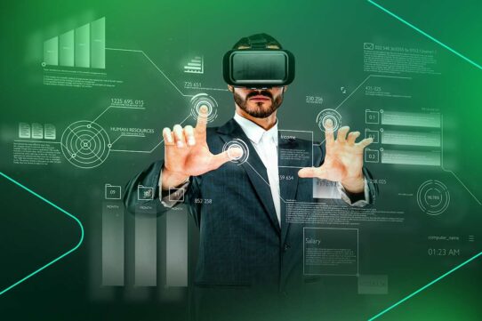 Homem usando óculos de realidade virtual com gráficos
