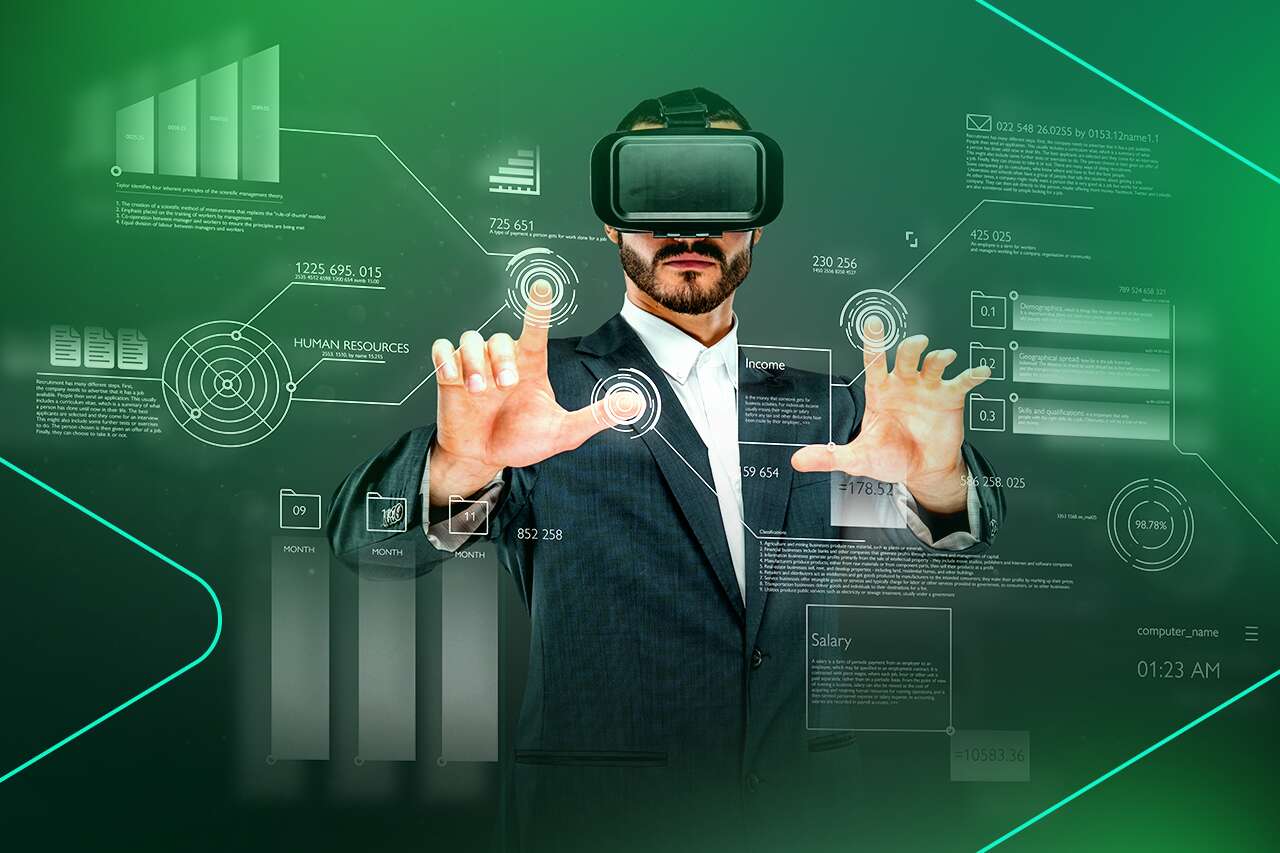 Homem usando óculos de realidade virtual com gráficos