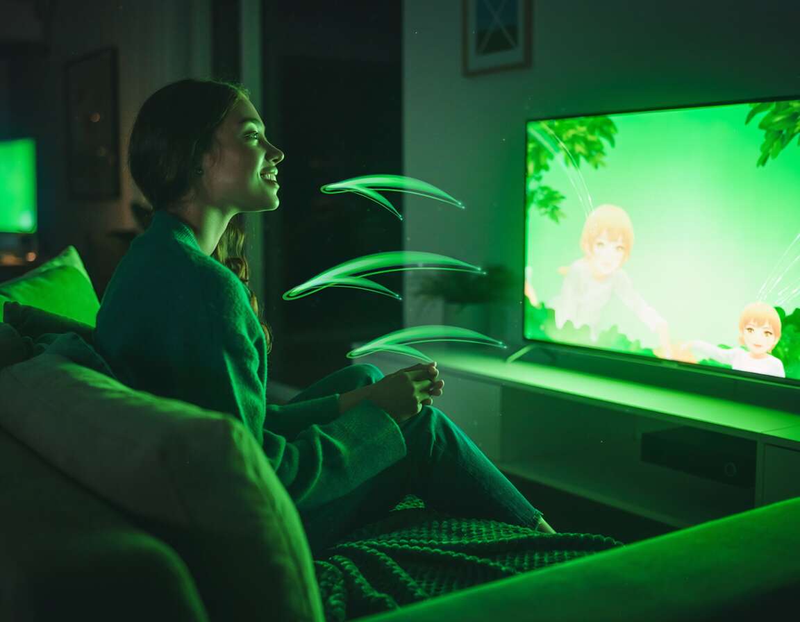 Mulher assistindo a programa de TV com luz verde.