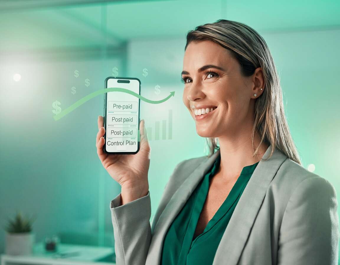 Mulher segurando smartphone com gráficos financeiros.