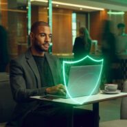 Homem trabalhando no laptop com proteção digital visível.
