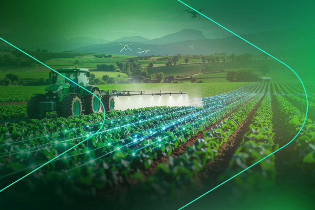 Trator aplicando inseticida em lavoura verde