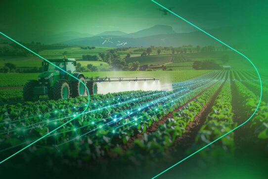 Trator aplicando inseticida em lavoura verde